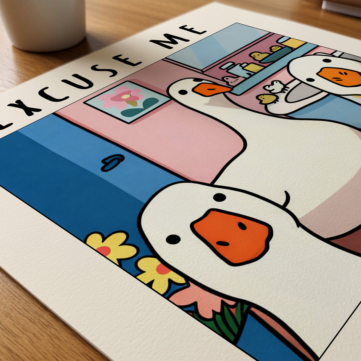 Excuse Me Bathroom Ducks poster pa skrivbord, konstverk utan passepartout - Bozetto konsttryck