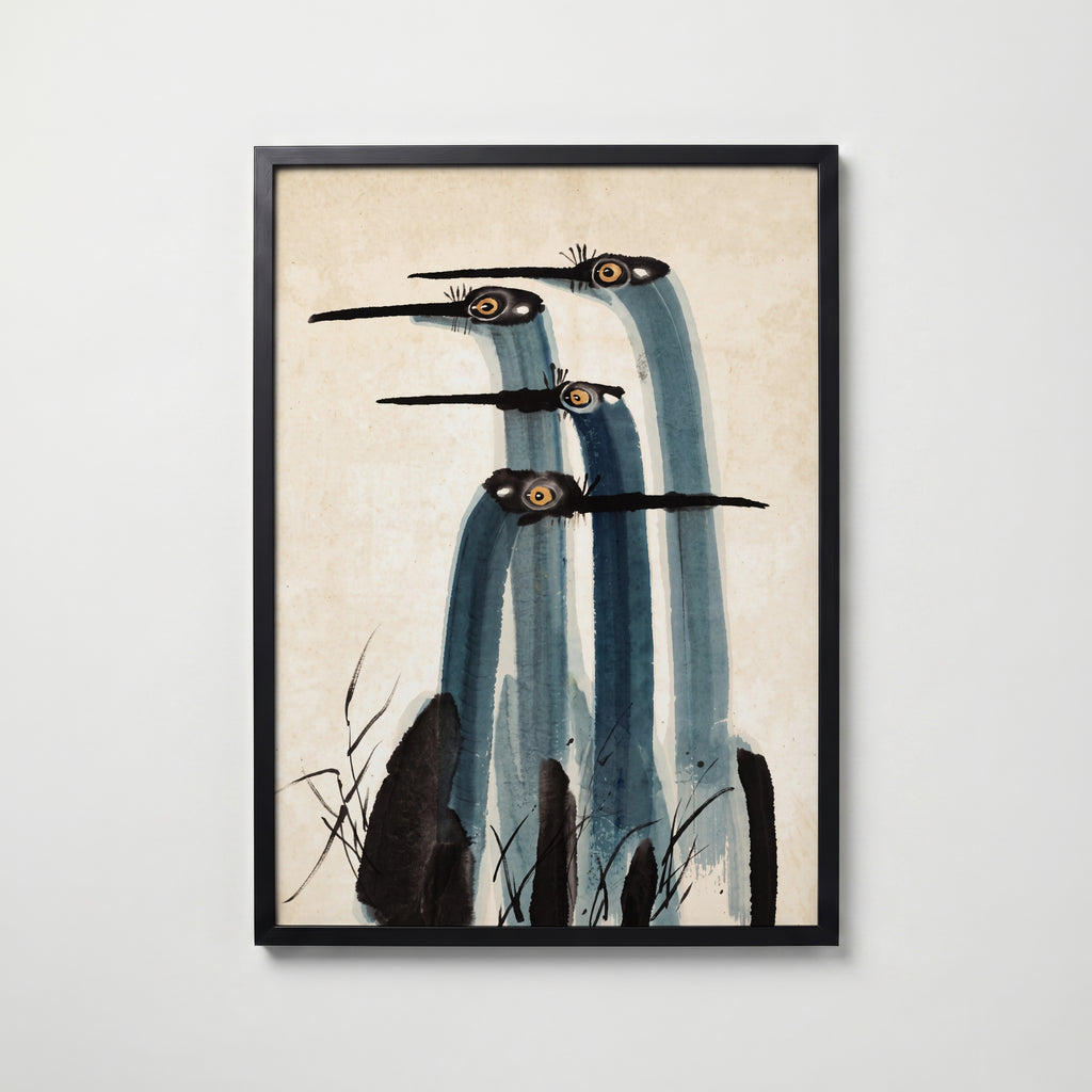 Ink Cranes Poster, japanskt tranmotiv i tusch i svart ram, konsttryck från Bozetto