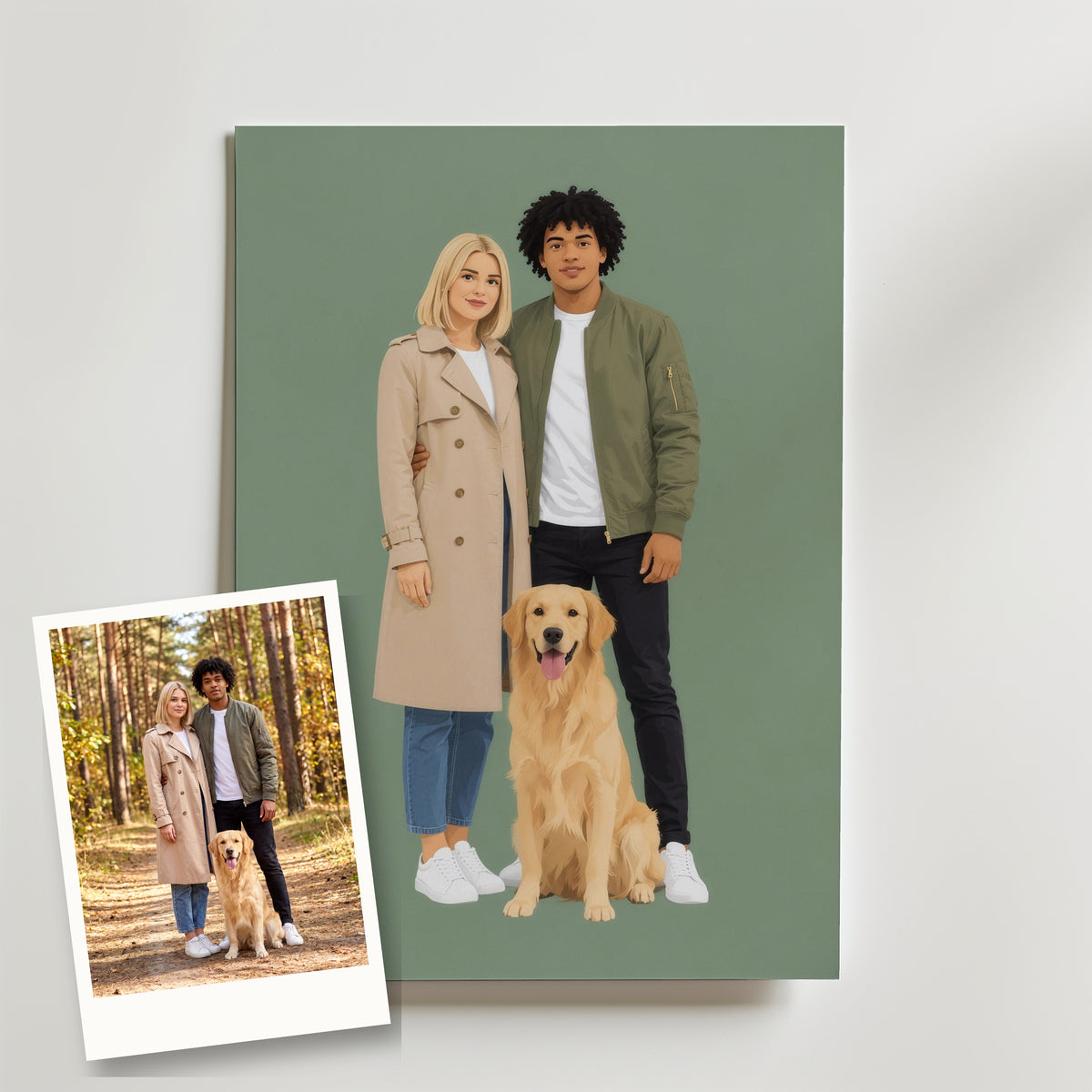 Foto på ett par med hund bredvid deras Flat Portrait-poster