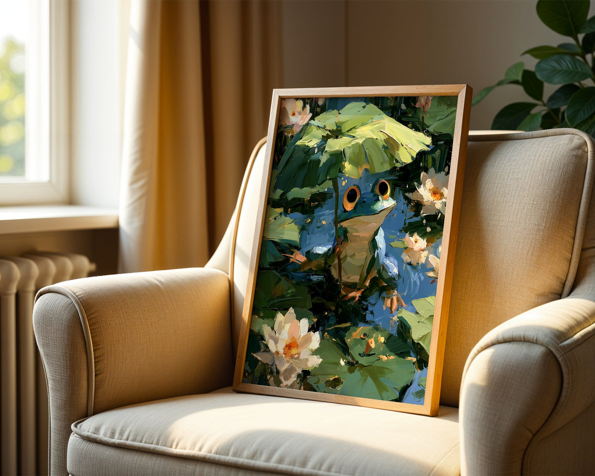 Frog in the Lily Pond Poster inramad pa en vagg i ett ljust vardagsrum