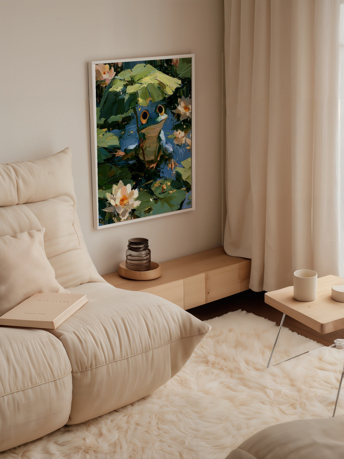Frog in the Lily Pond Poster som inredningsdetalj over en soffa