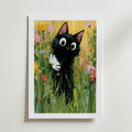 Garden Cat with White Flower Poster – med passepartout