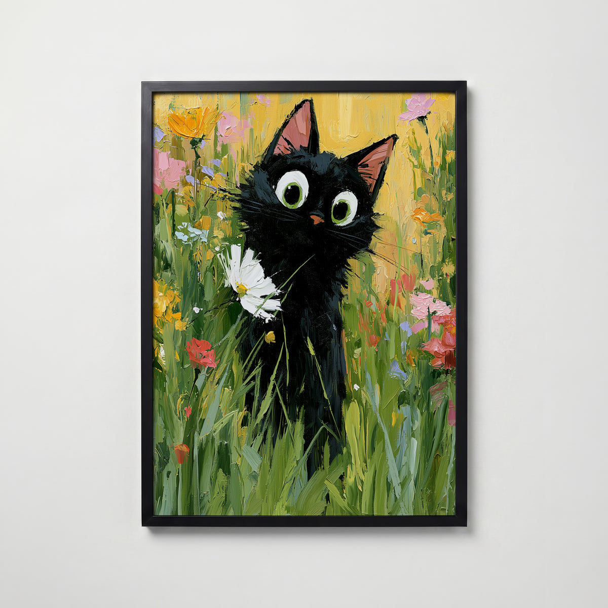 Garden Cat with White Flower Poster i svart ram fran Bozetto