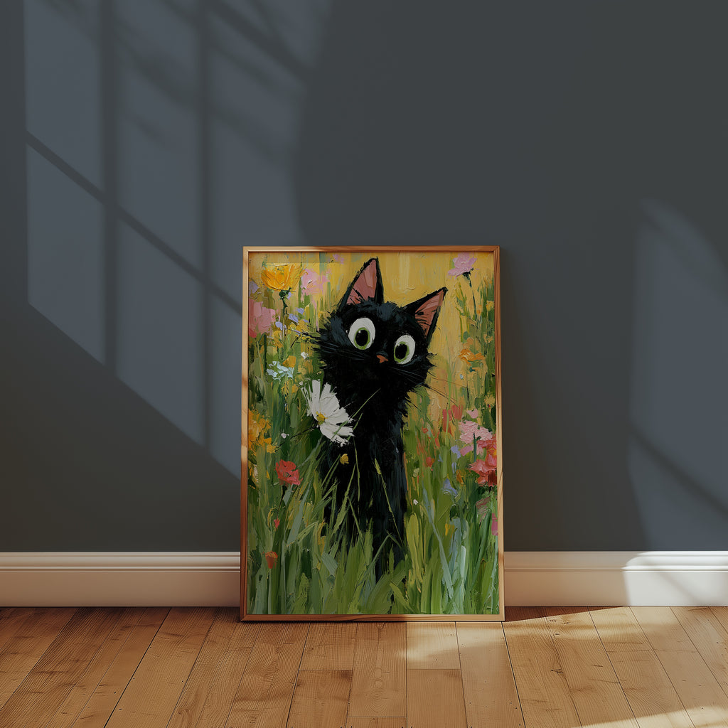 Garden Cat with White Flower Poster inramad pa en vagg i ett ljust vardagsrum