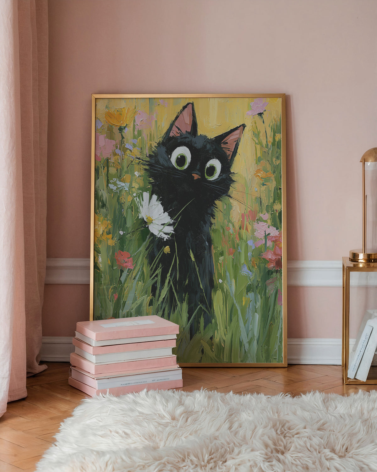 Garden Cat with White Flower Poster som inredningsdetalj over en soffa