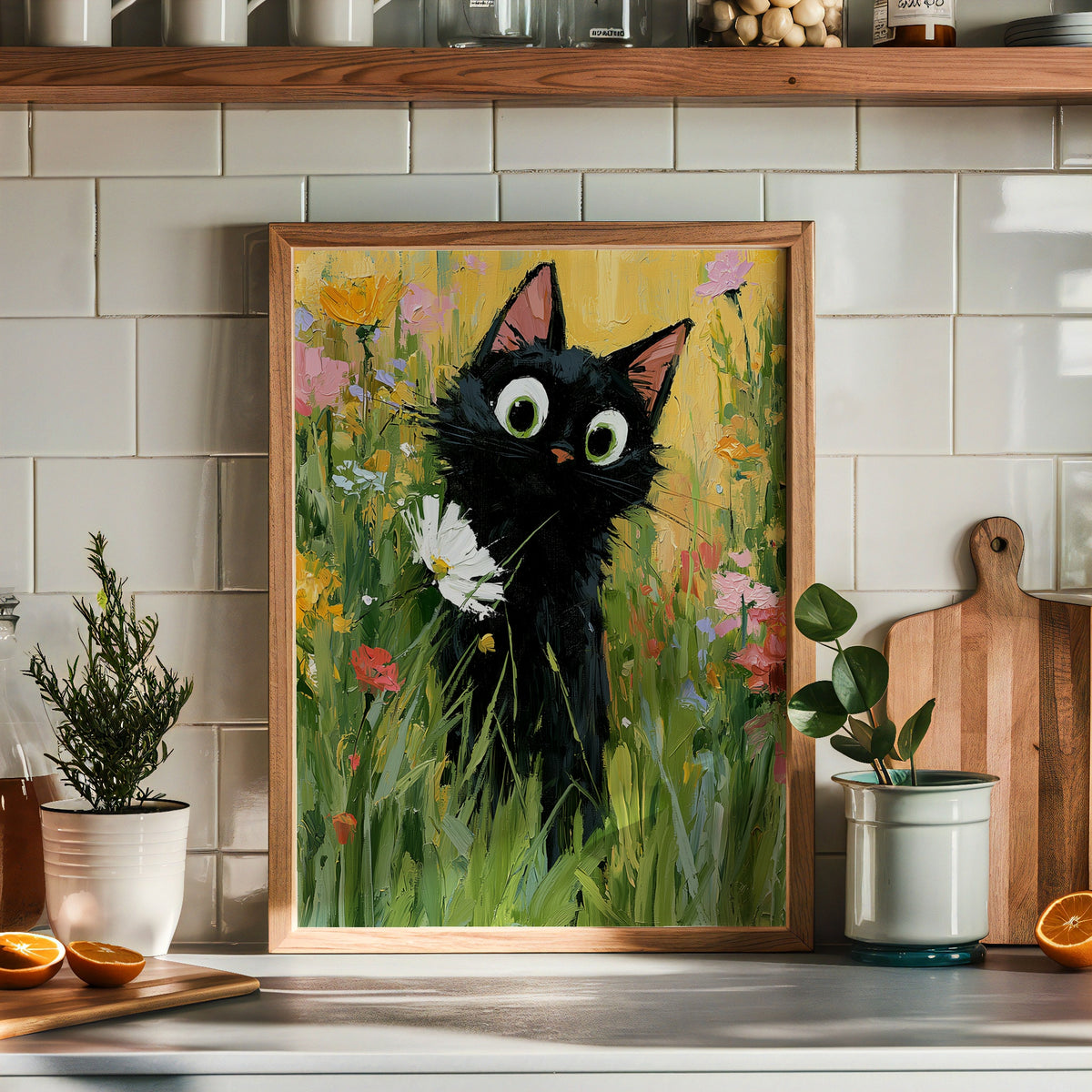 Garden Cat with White Flower Poster pa vaggen i ett modernt hem