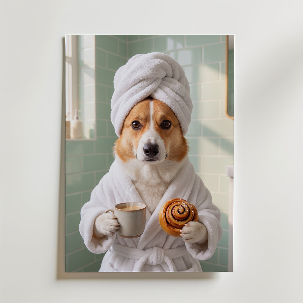 Personlig AI-poster med corgi i badrock och handduk med kaffe och kanelbulle