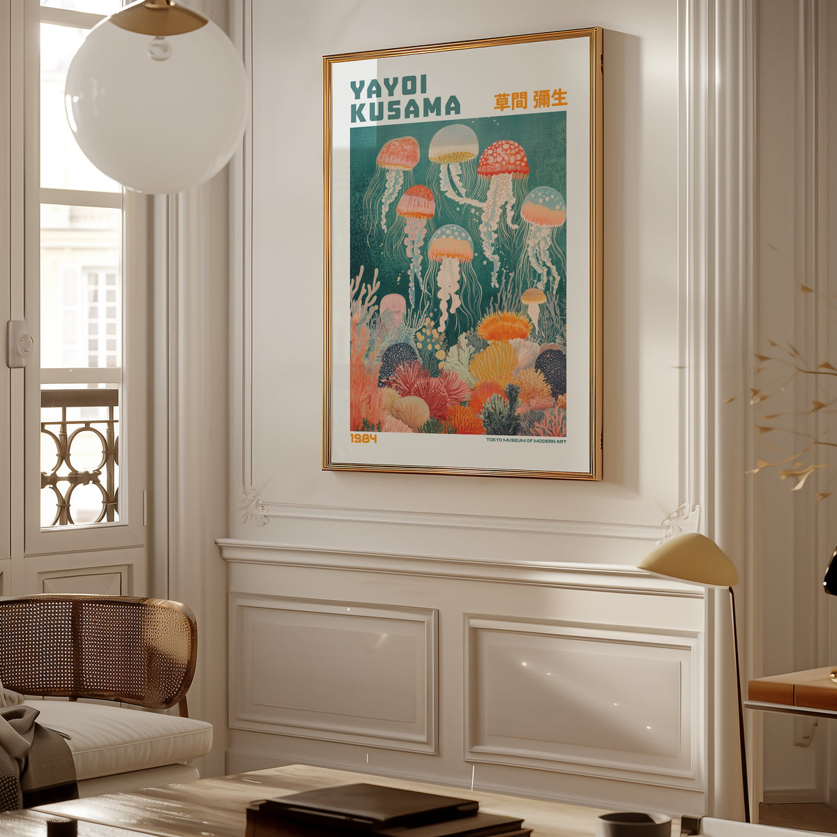 Yayoi Kusama Floating Jellyfish Reverie poster på vägg i stilren rumsmiljö – Bozetto affisch