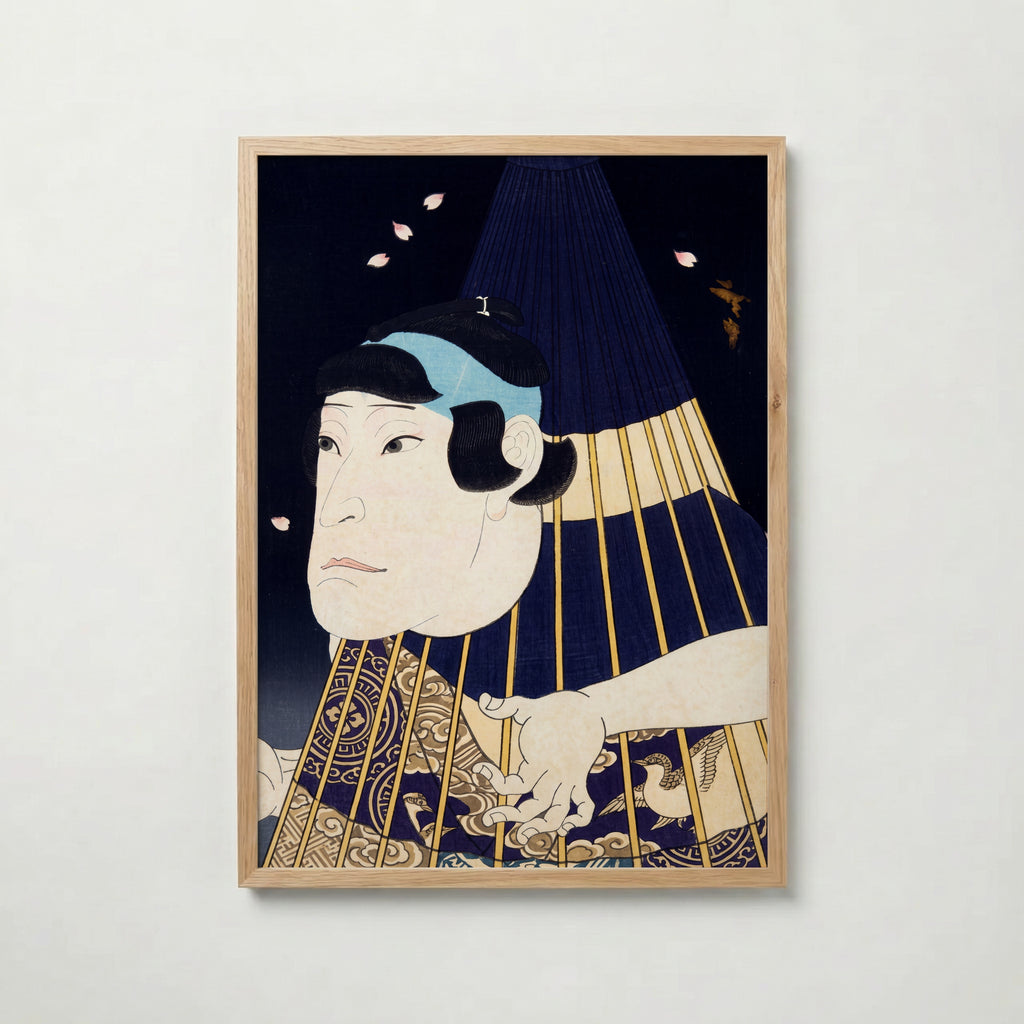 Kabuki Spirit Poster i ekram, ukiyo-e-affisch i indigo och guld, tryckt i Sverige
