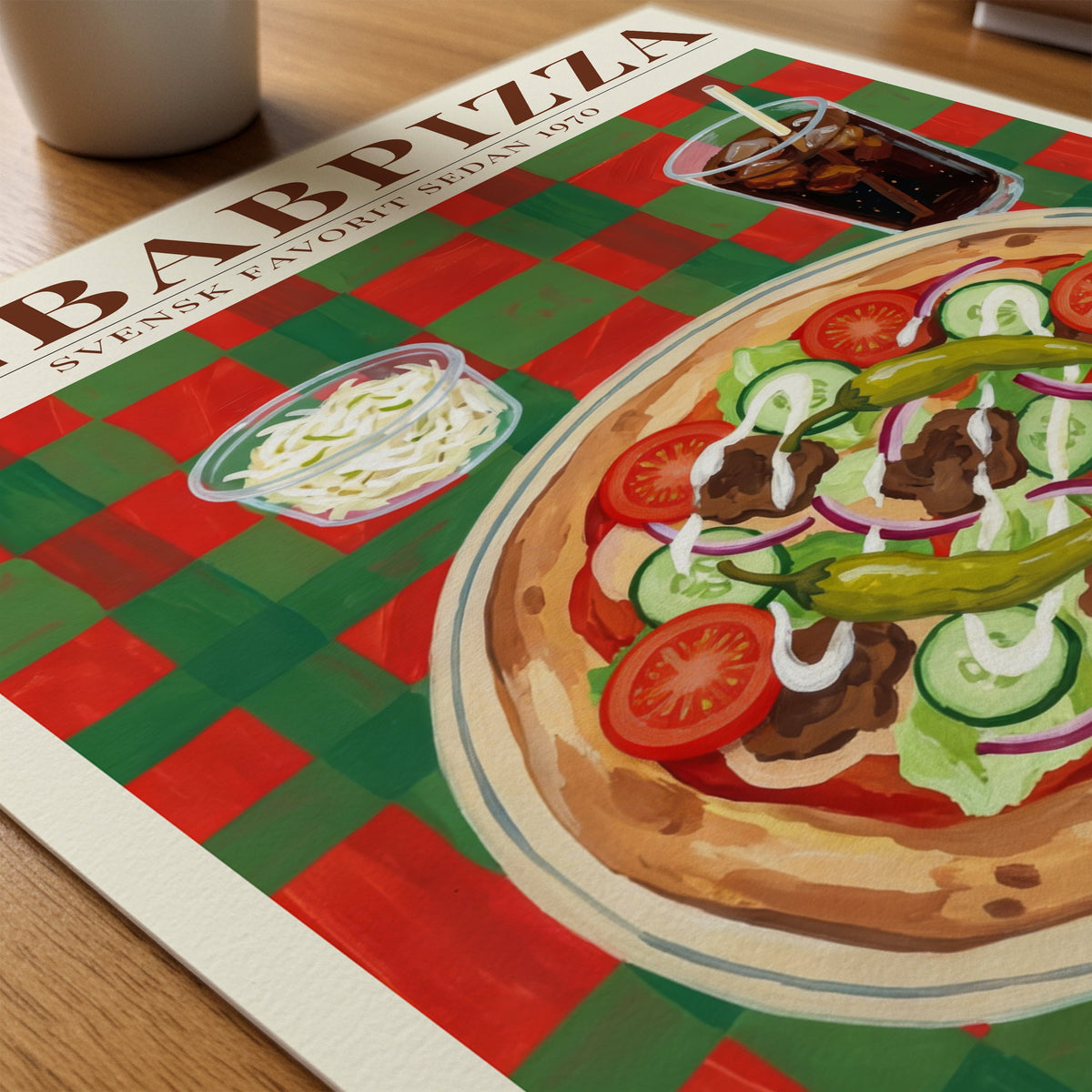 Kebabpizza poster på skrivbord – Bozetto konsttryck på matt finpapper i hög tryckkvalitet