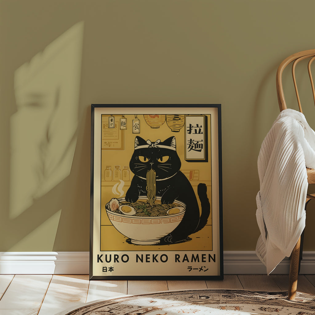Kuro Neko Ramen Cat poster i stilren interiör – Bozetto