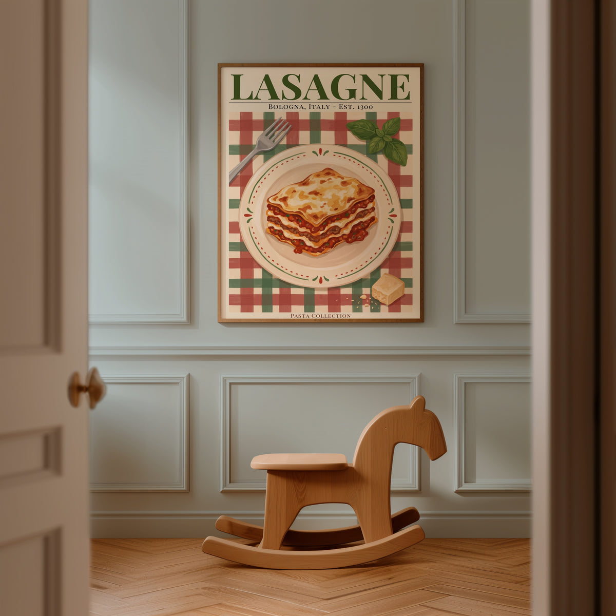 Lasagne affisch i minimalistiskt rum – Bozetto konsttryck i hög tryckkvalitet