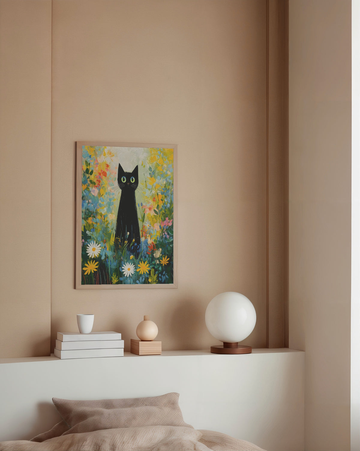 Midnight Garden Cat affisch kant till kant i ljus ram på vägg – Bozetto väggkonst