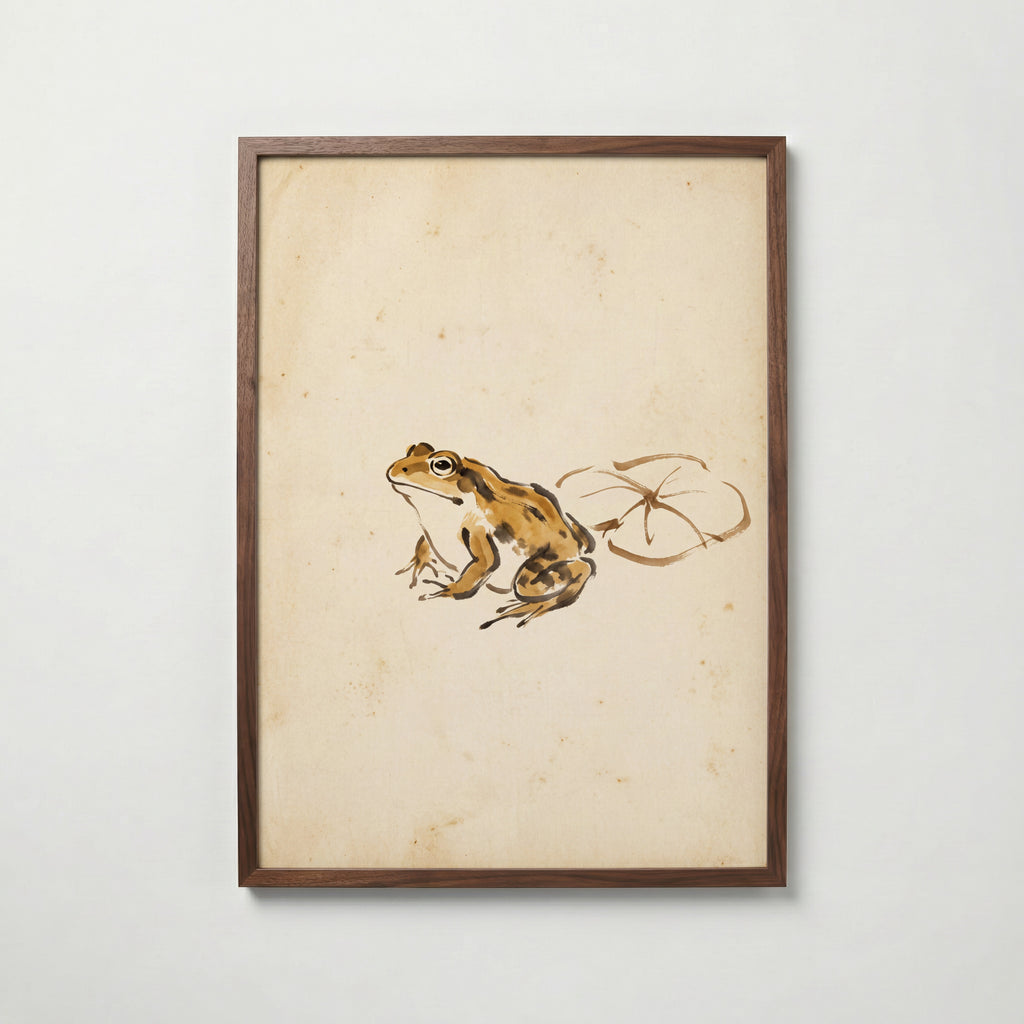 Ochre Zen Pond Poster i valnötsram med stillsam japansk bläckkonst