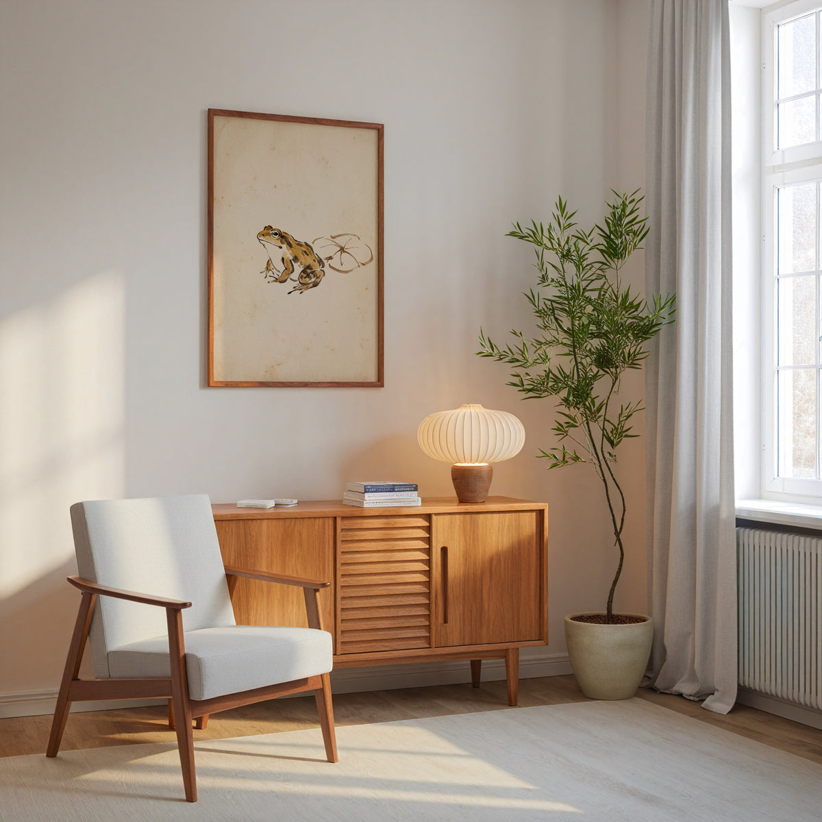 Ochre Zen Pond Poster på ljus vägg med soffa och grönväxt