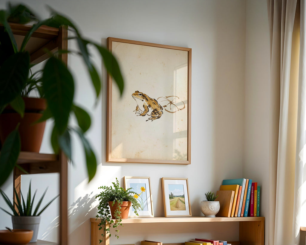 Ochre Zen Pond Poster i inramat hörn med fönsterljus och växter