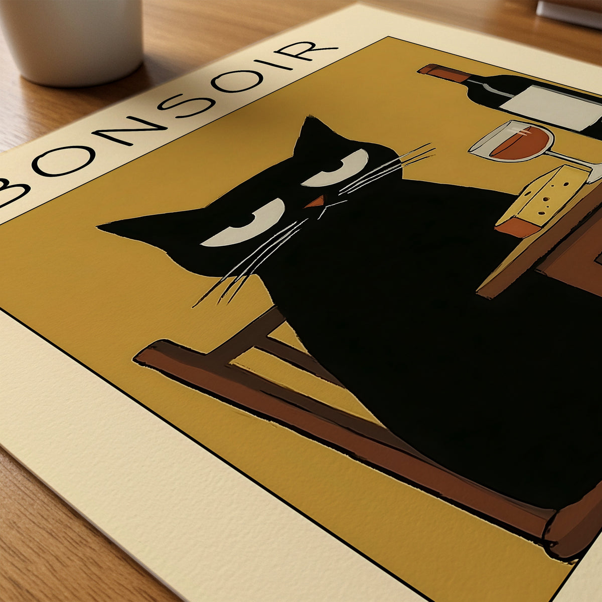 Midnight Wine Cat poster på skrivbord – Bozetto affisch i hög kvalitet