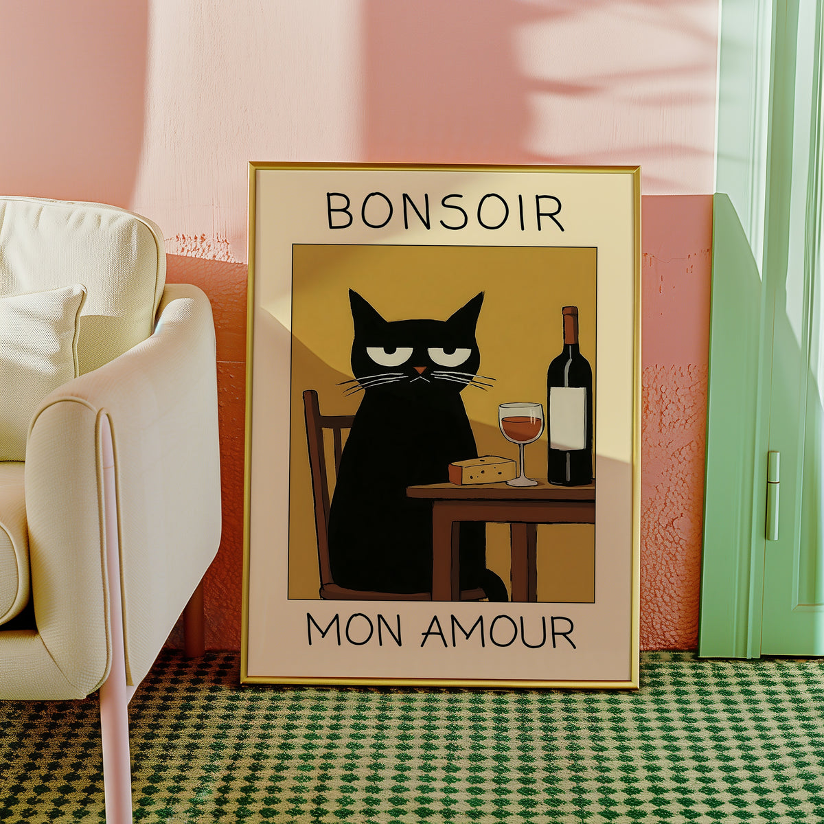 Midnight Wine Cat poster på vägg i inrett rum – Bozetto affisch i hög kvalitet