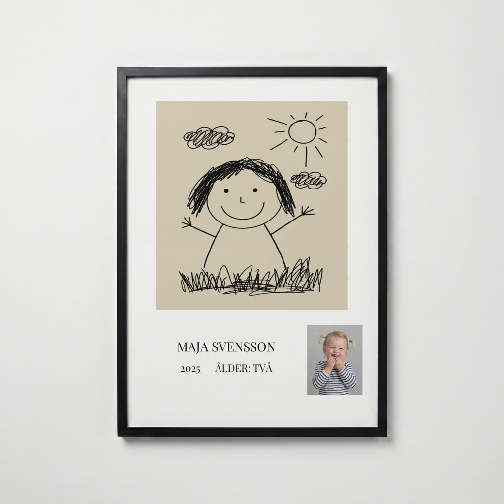 Personlig poster barnets teckning i svart ram
