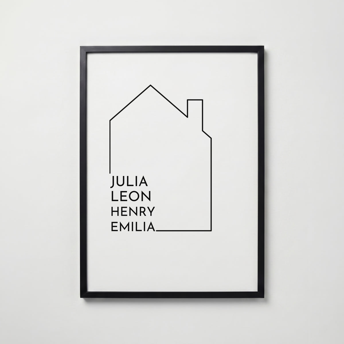 Personlig poster hus med familjens namn i svart ram