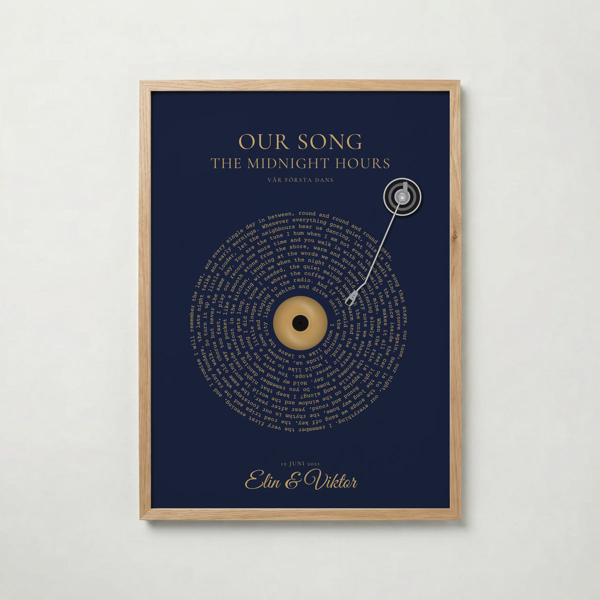 Personlig vinylposter med låttext i ekram