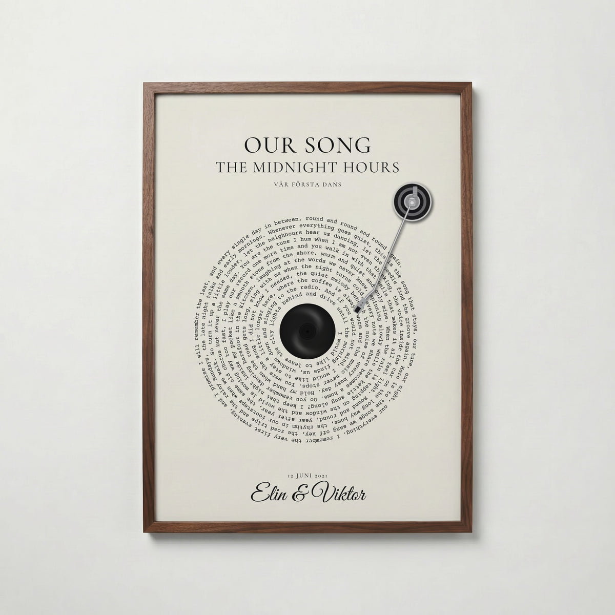 Personlig vinylposter med låttext i valnötsram
