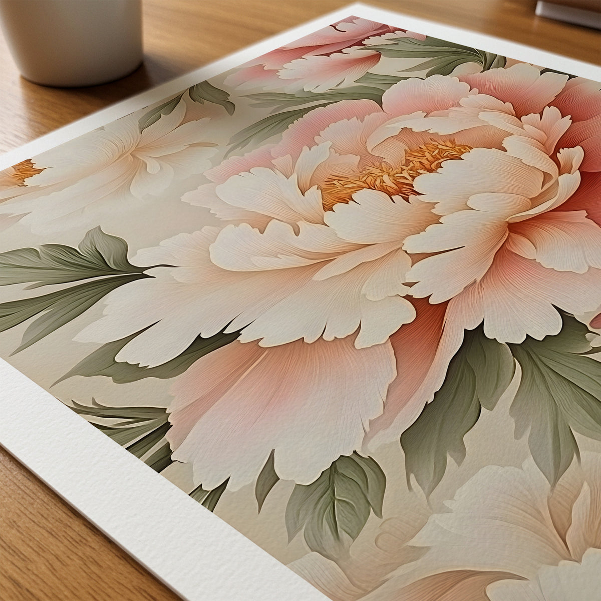 Pink Blossom Symmetry William Morris poster liggande på skrivbord – Bozetto paper on desk i hög tryckkvalitet