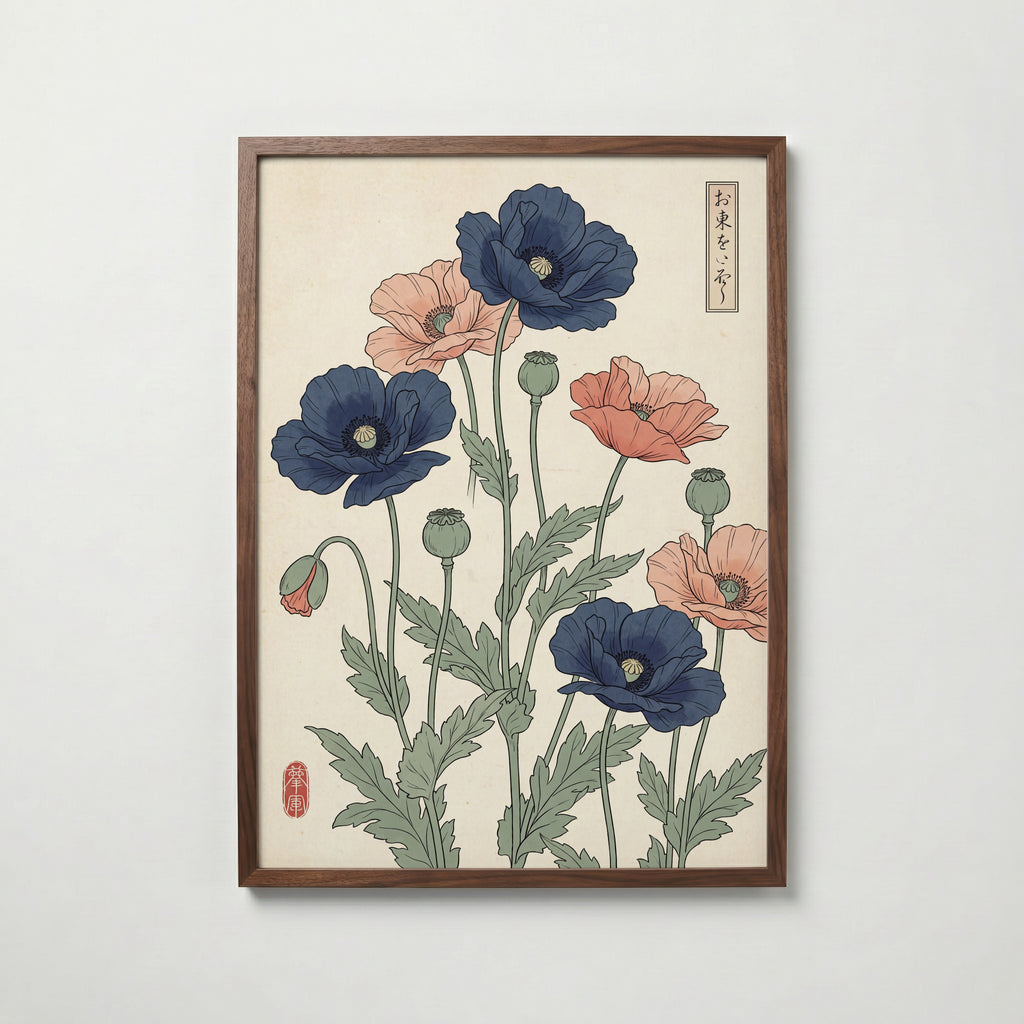 Indigo Poppies Poster – valnötsram