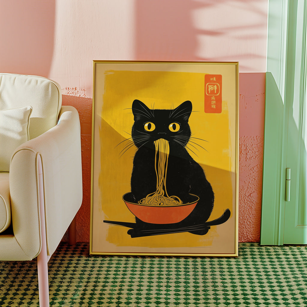 Black Cat Eats Noodle poster i ram på vägg i inrett rum – Bozetto