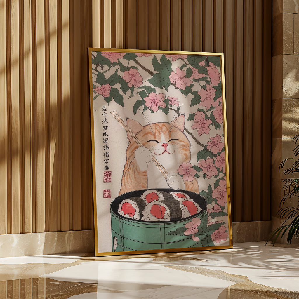 Sakura Sushi Cat poster i ram på vägg i inrett rum – Bozetto