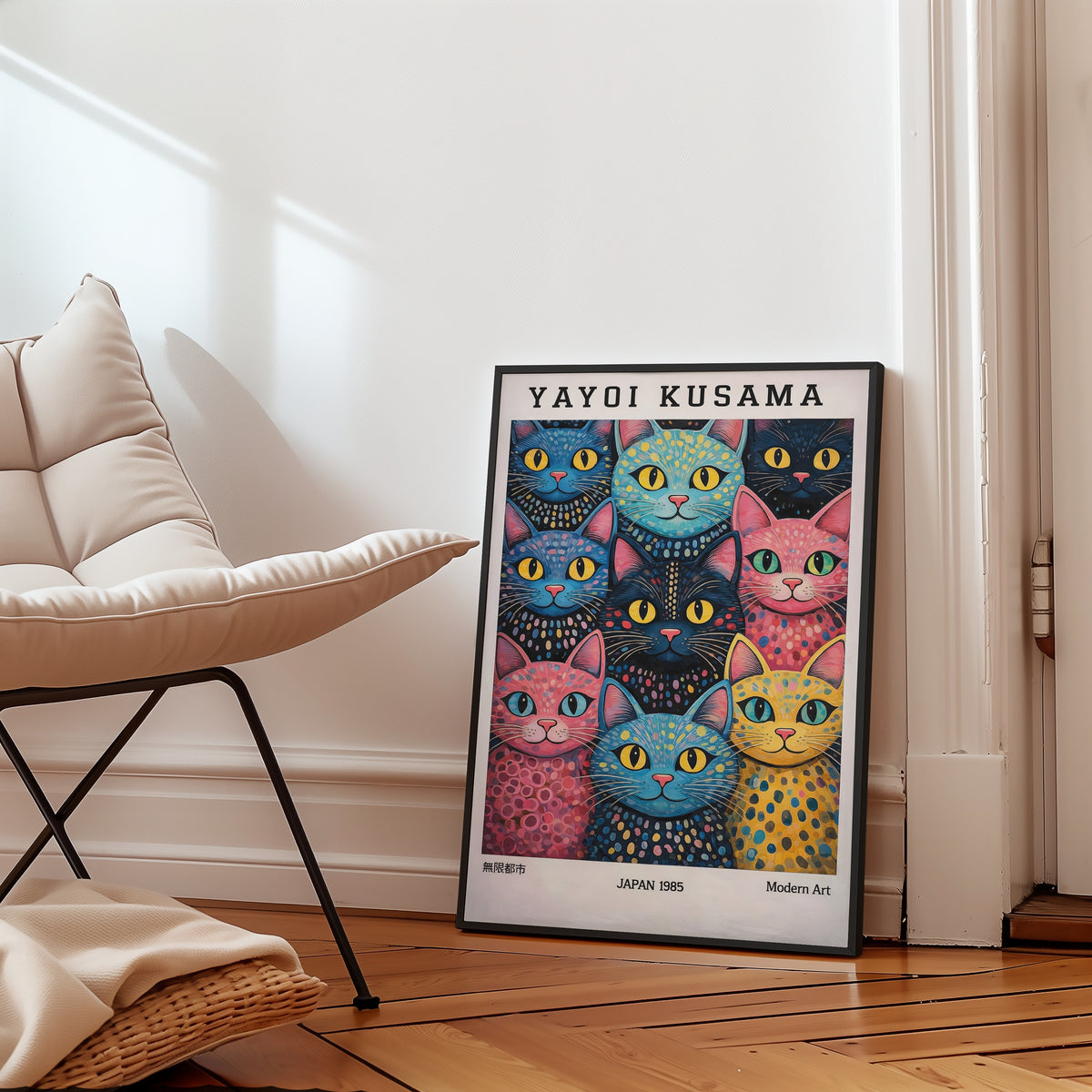 Yayoi Kusama Polka Dot Cat Parade poster i ram i stilrent rum – Bozetto