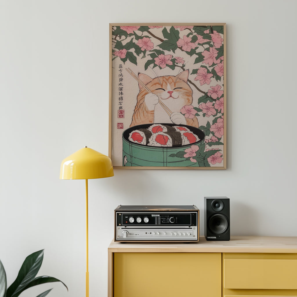 Sakura Sushi Cat poster inramad i modern inredning – Bozetto