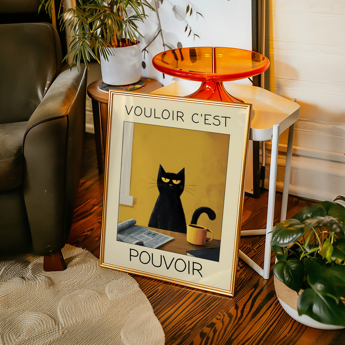 Morning Authority Cat poster på vägg i inrett rum – Bozetto i hög kvalitet