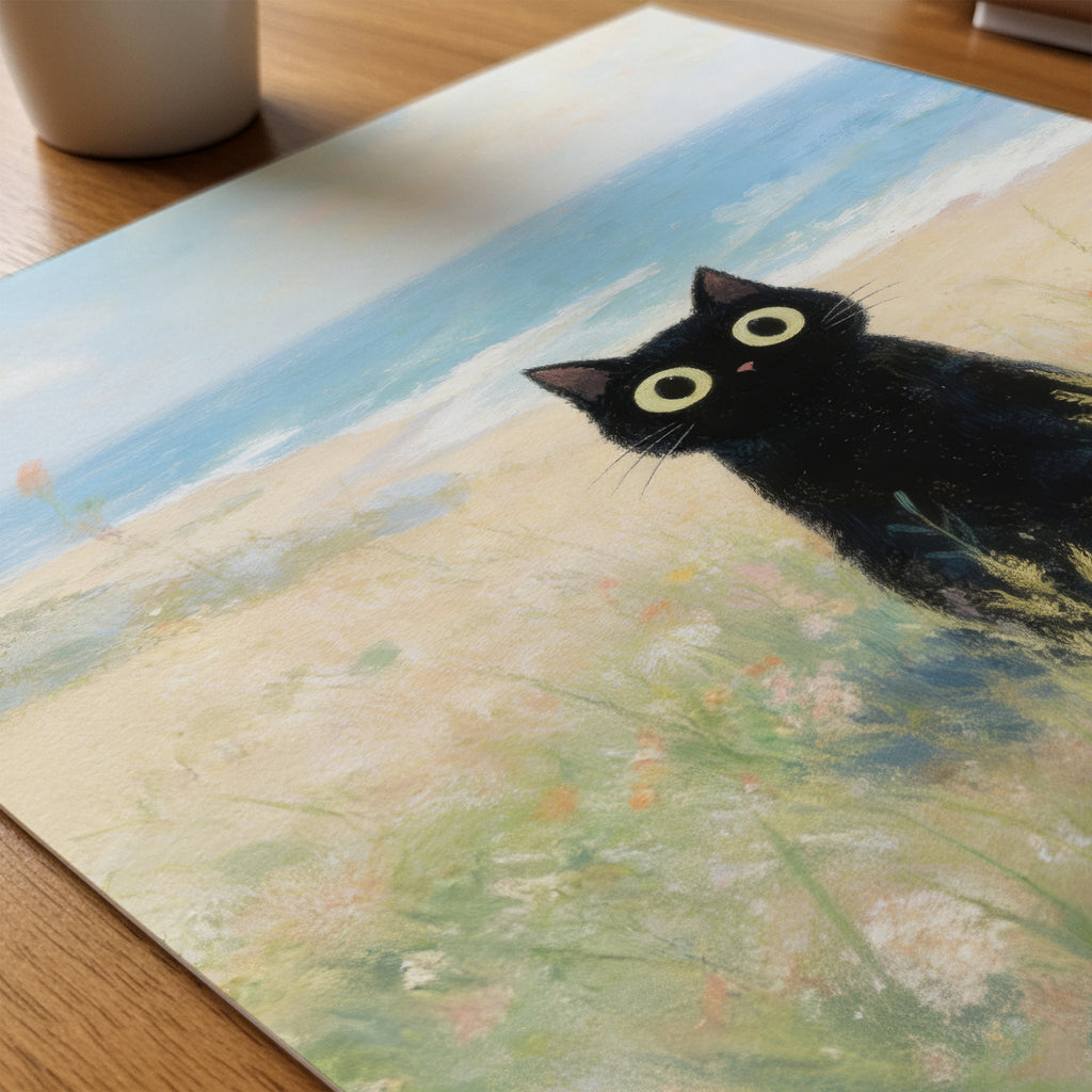 Seaside Meadow Cat Poster i ram på skrivbord - Bozetto