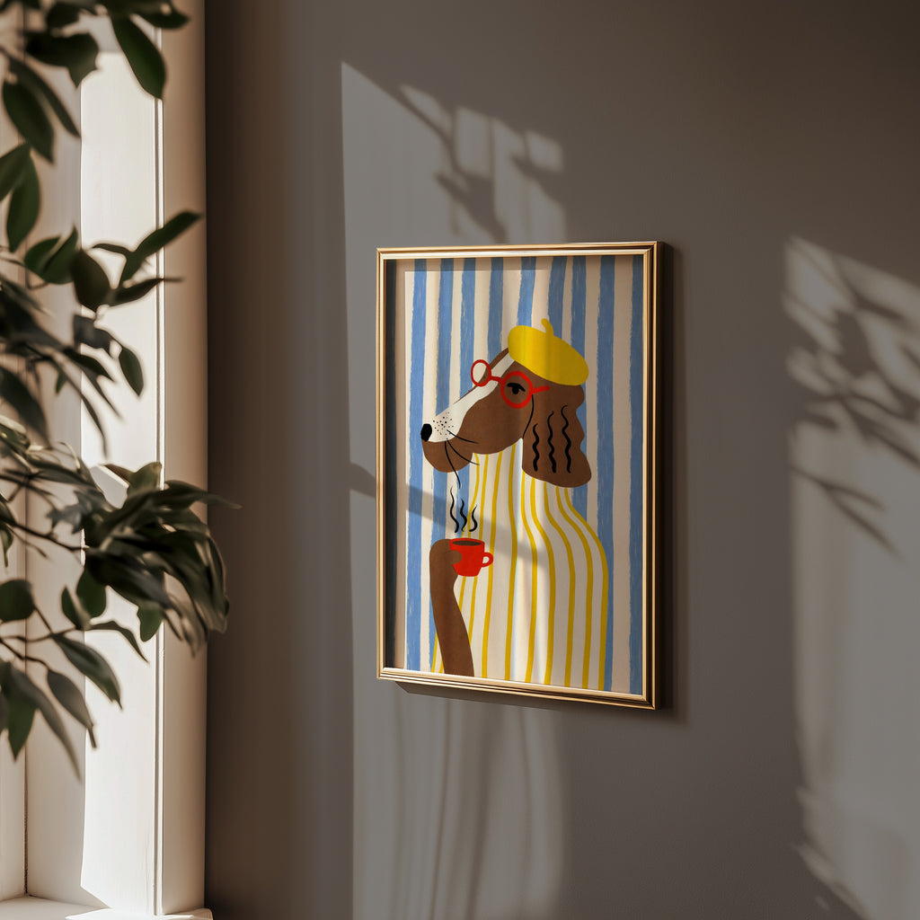 Sunny Café Dog affisch på vägg i inrett rum – Bozetto poster i hög kvalitet