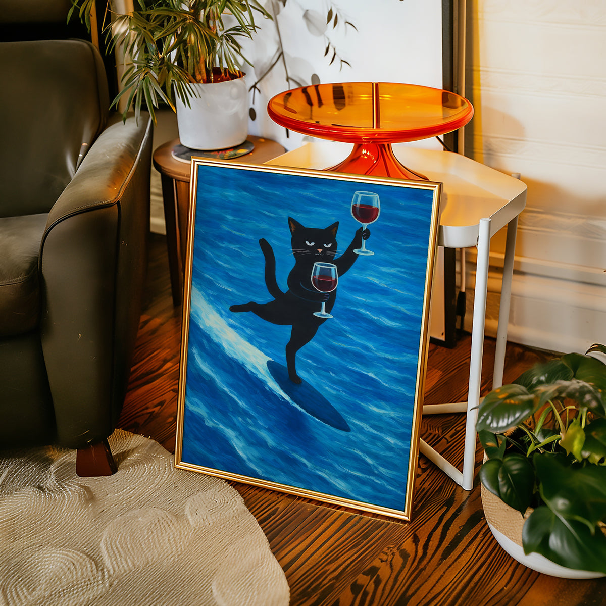 Surfing Wine Cat Poster