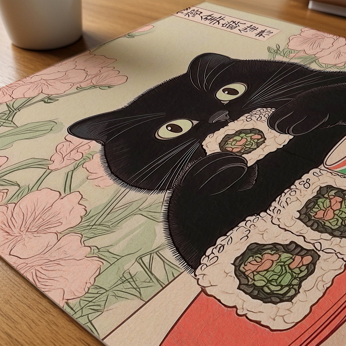 Sushi Cat poster som papper på skrivbord (paper_desk) – konsttryck från Bozetto i hög kvalitet