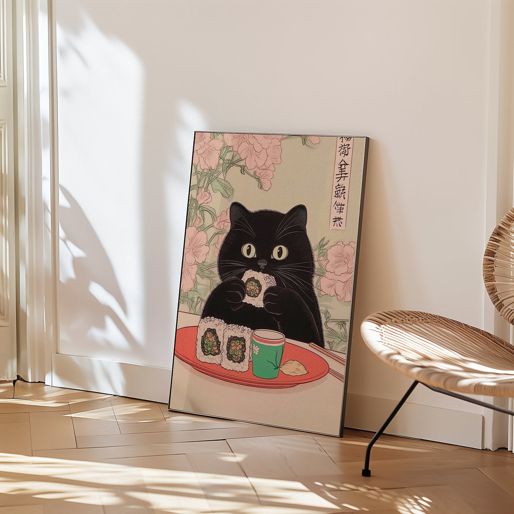 Sushi Cat poster i inramad miljö på vägg – konsttryck från Bozetto i hög kvalitet