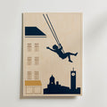 Skyline Swing Poster, barn som gungar över stadssiluett, tryckt i Sverige