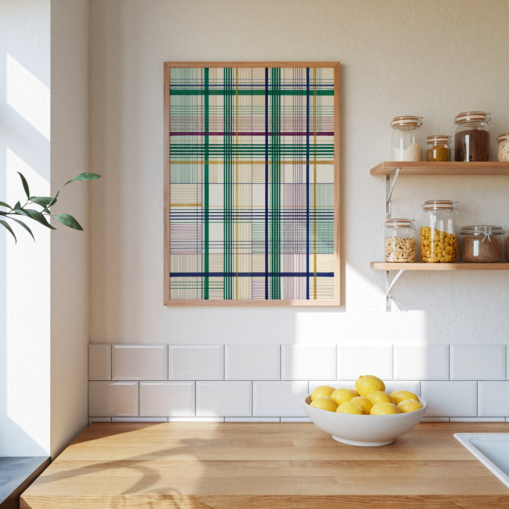 Threaded Grid Poster – fint linjerutnät i smaragd, marinblått, plommon och guld på elfenben som blickfång ovanför möbel, konsttryck från Bozetto