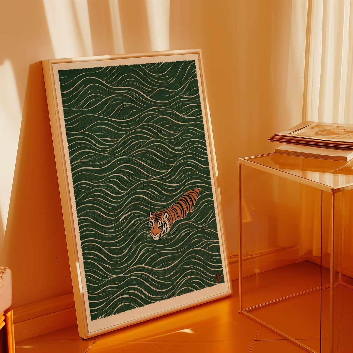 Swimming Tiger poster på vägg i inrett rum – konsttryck från Bozetto i hög kvalitet