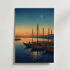 Twilight Harbour, japanskt träsnitt med båtar, poster tryckt i Sverige från Bozetto
