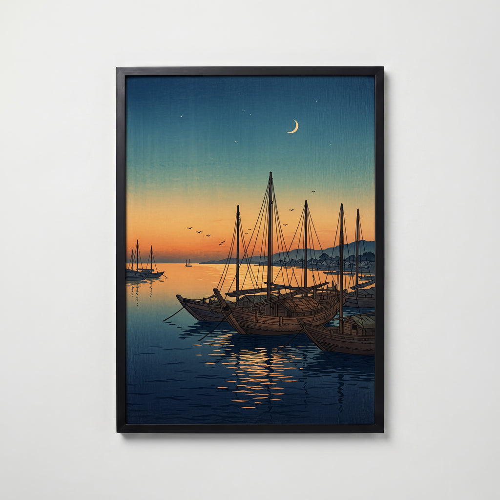 Twilight Harbour i svart ram, japanskt träsnitt med båtar, väggkonst från Bozetto