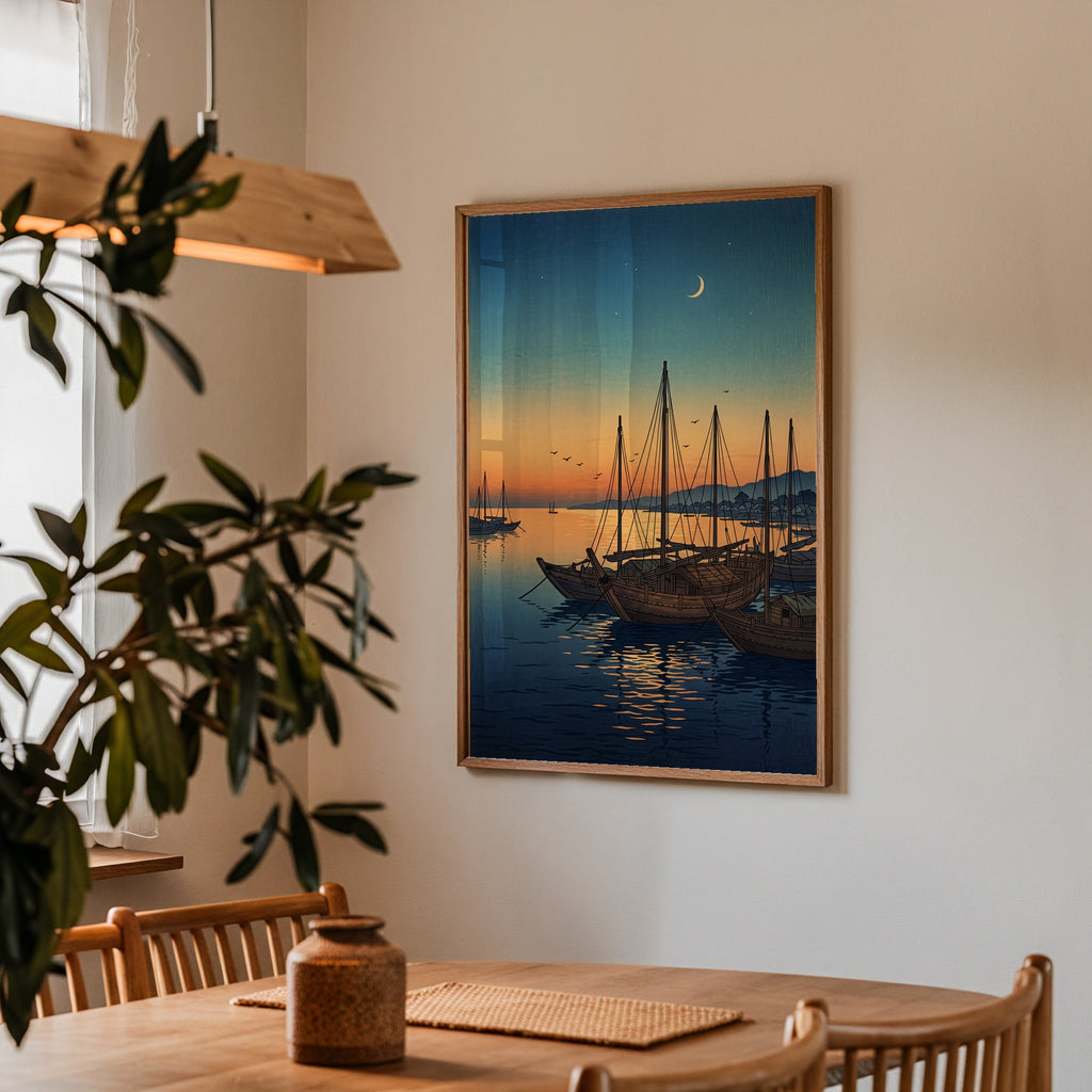 Twilight Harbour på vägg i ljust skandinaviskt rum, affisch från Bozetto