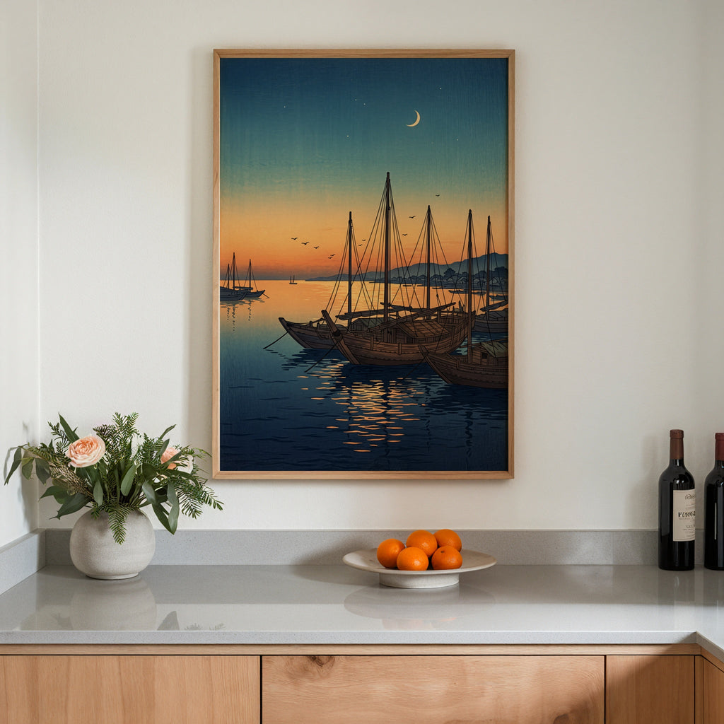 Twilight Harbour uppsatt i stilren interiör, poster från Bozetto