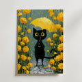 Umbrella Cat in Yellow Garden Poster, svart katt med gult parasoll bland ringblommor, konsttryck fran Bozetto