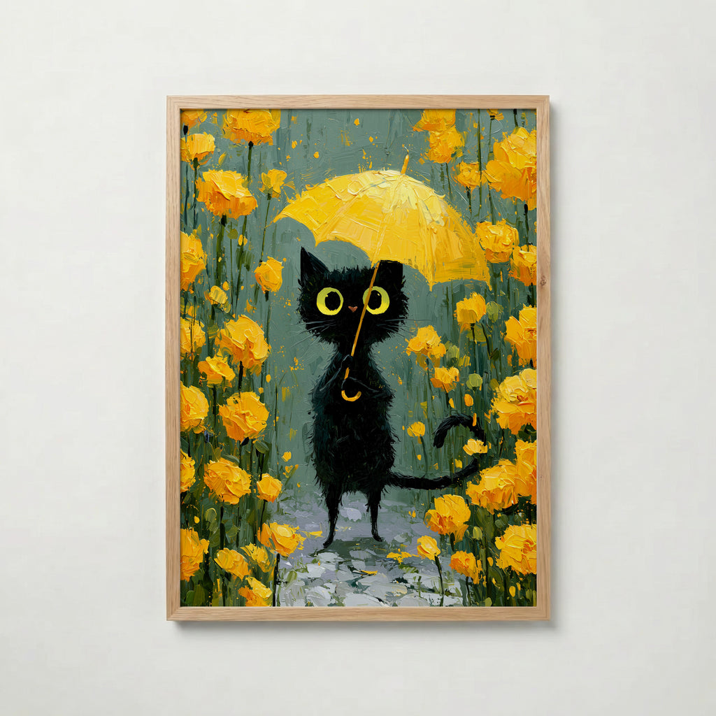 Umbrella Cat in Yellow Garden Poster i ek-ram fran Bozetto