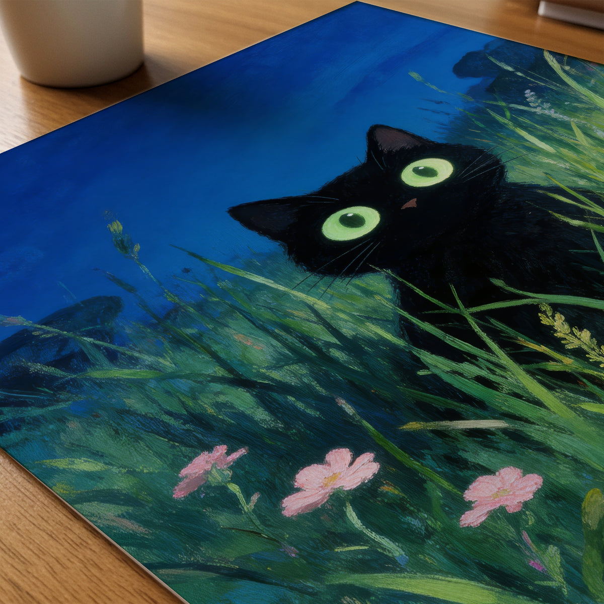 Verdant Night Cat Poster i ram på skrivbord - Bozetto