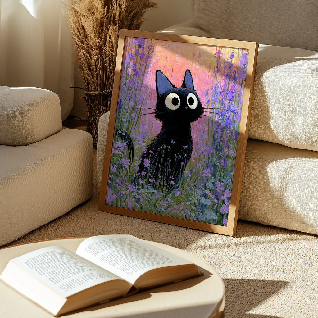 Cat in Violette Meadow Poster i ram på vägg i inrett rum
