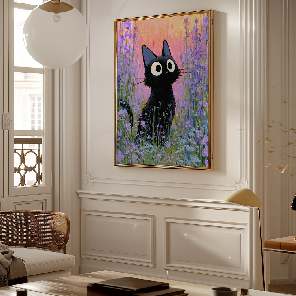 Cat in Violette Meadow Poster i ram i stilren miljö